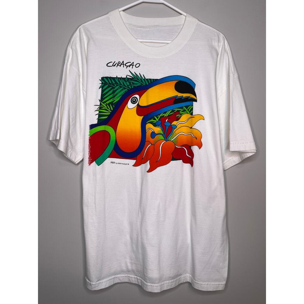 2000s Y2K Peer Peter Mussfeldt Curacao Tropical Toucan Coastal Rainbow Shirt XL